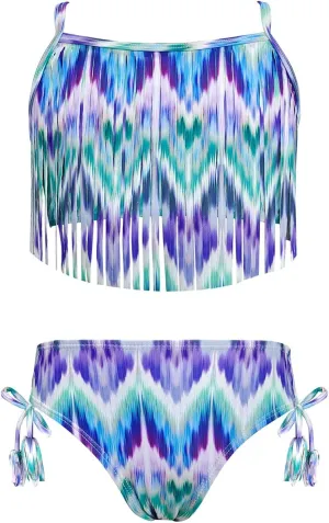 SHEKINI Girls Tie Side Sports Tassel Bikini Set Printing Two-Piece Swimsuit