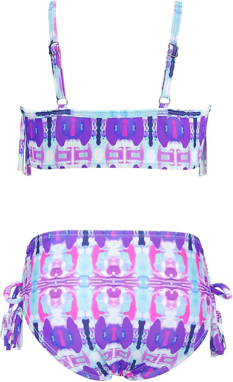 SHEKINI Girls Tie Side Sports Tassel Bikini Set Printing Two-Piece Swimsuit