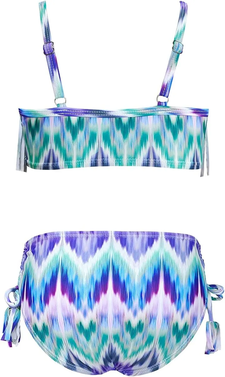SHEKINI Girls Tie Side Sports Tassel Bikini Set Printing Two-Piece Swimsuit