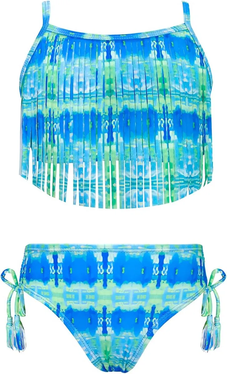 SHEKINI Girls Tie Side Sports Tassel Bikini Set Printing Two-Piece Swimsuit
