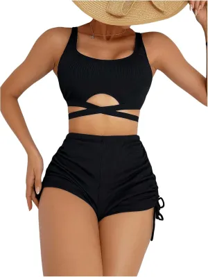 SHENHE Women's 2 Piece Swimsuit with Shorts High Waisted Ruched Boyshort Bikini Set Swimwear