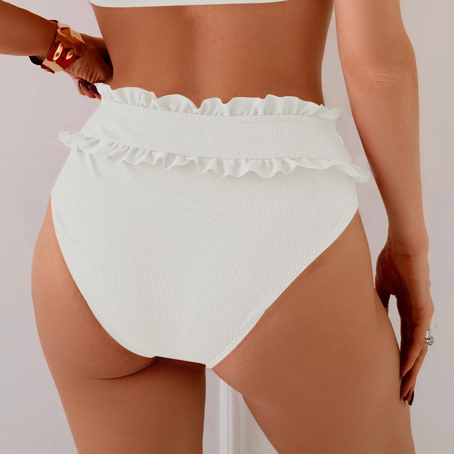 SherryDC Women's Ribbed High Waisted Swimsuit Bikini Bottom Lace Full Coverge Bathing Suit Bottom