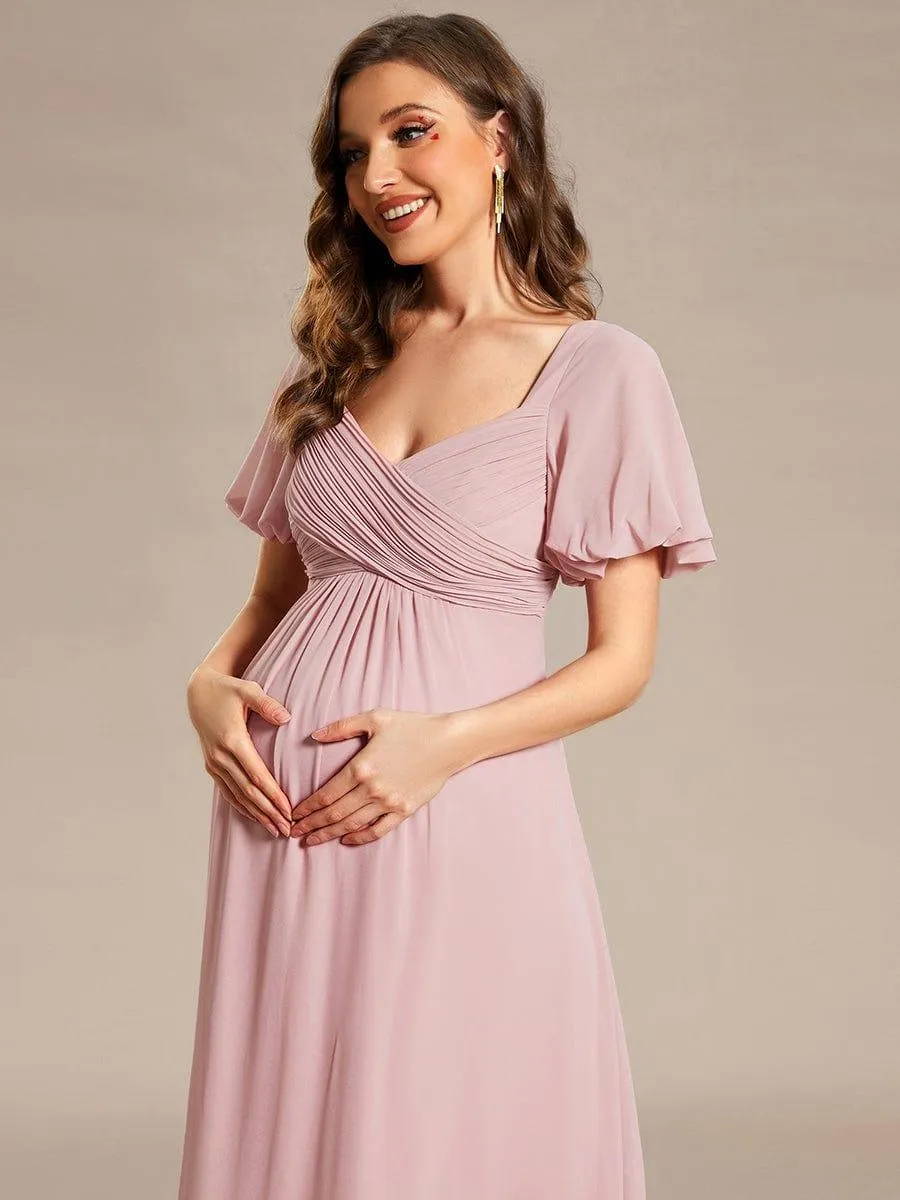 Short Sleeve A-Line Chiffon Pleated Tie-Back Maternity Dress(Final Sale)