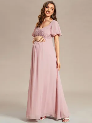 Short Sleeve A-Line Chiffon Pleated Tie-Back Maternity Dress(Final Sale)