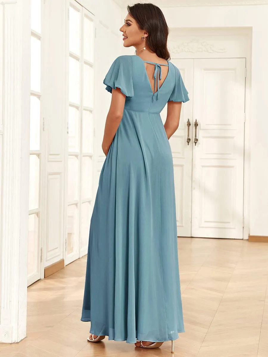 Short Sleeve A-Line Chiffon Pleated Tie-Back Maternity Dress(Final Sale)