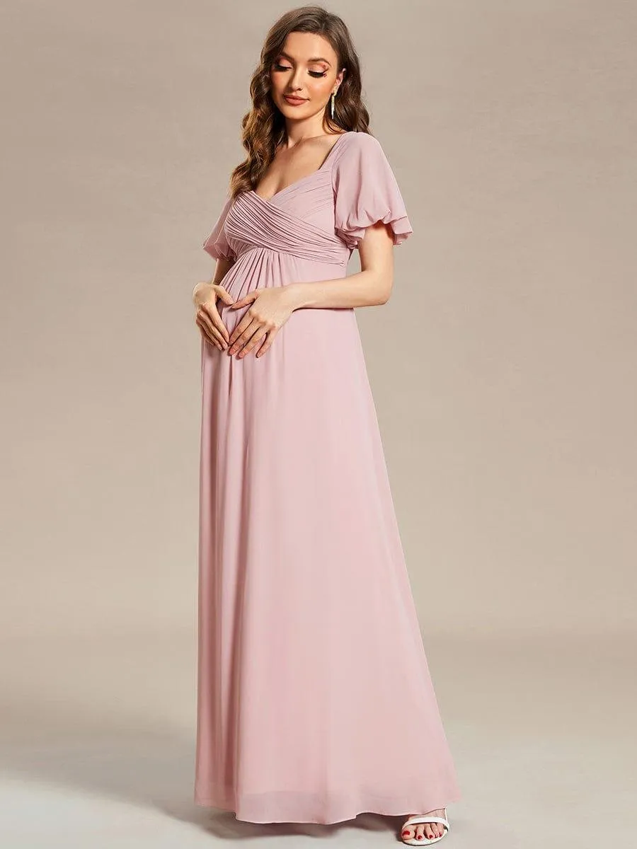 Short Sleeve A-Line Chiffon Pleated Tie-Back Maternity Dress(Final Sale)