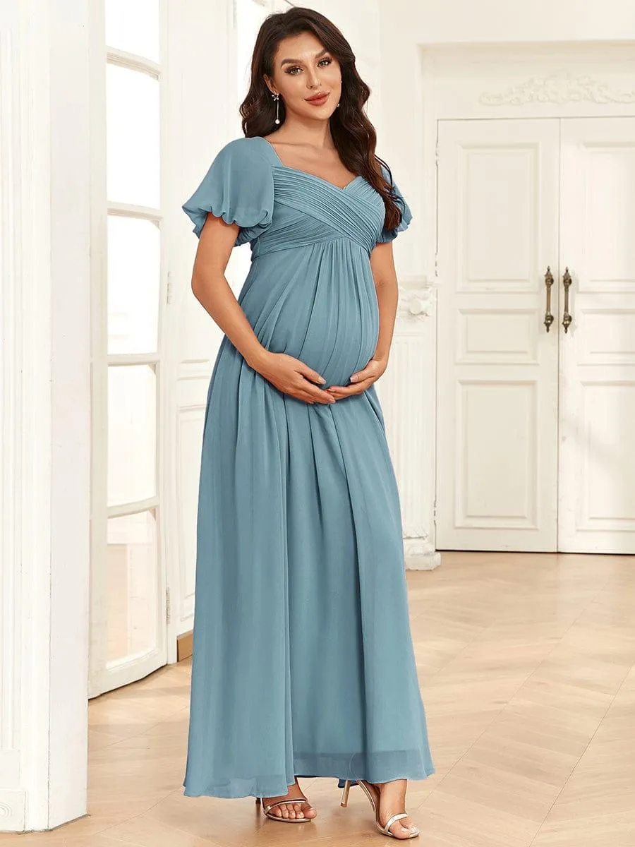 Short Sleeve A-Line Chiffon Pleated Tie-Back Maternity Dress(Final Sale)