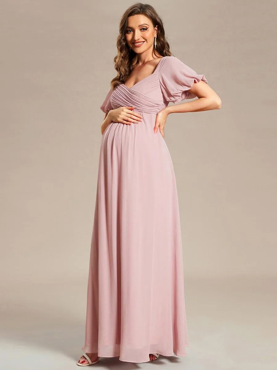 Short Sleeve A-Line Chiffon Pleated Tie-Back Maternity Dress(Final Sale)