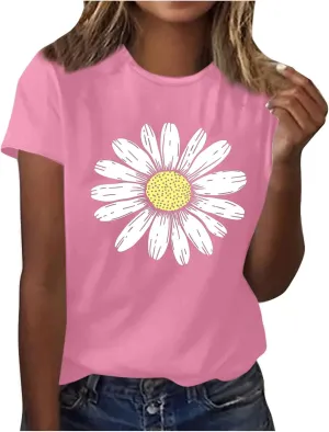 Short Sleeve Tee Shirts for Women Cute Daisy Print 2025 Summer Tops - Loose Fit Crew Neck Casual Basic Tunic Tshirt Blouse