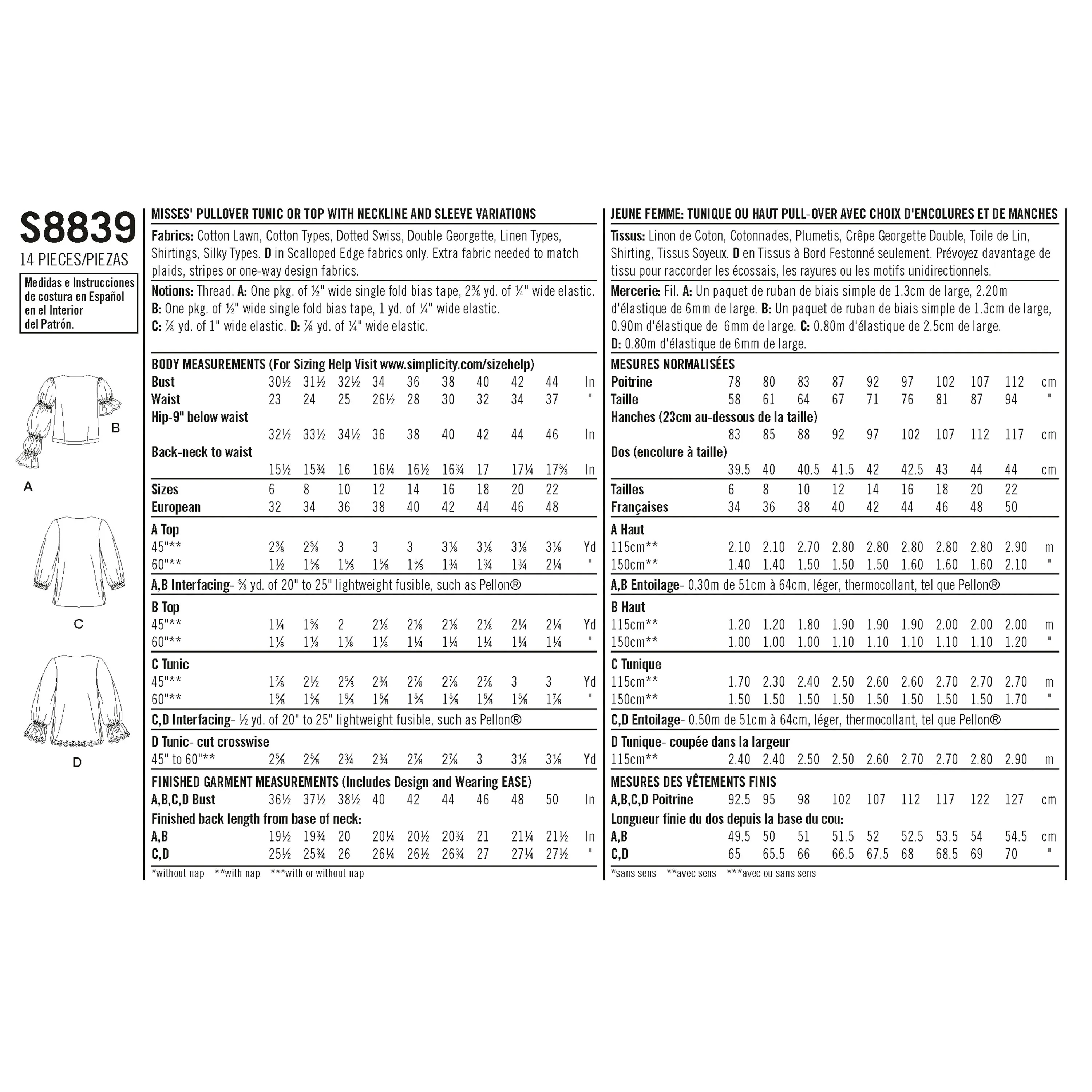 Simplicity Pattern 8839 Misses' Pullover Tunic or Tops