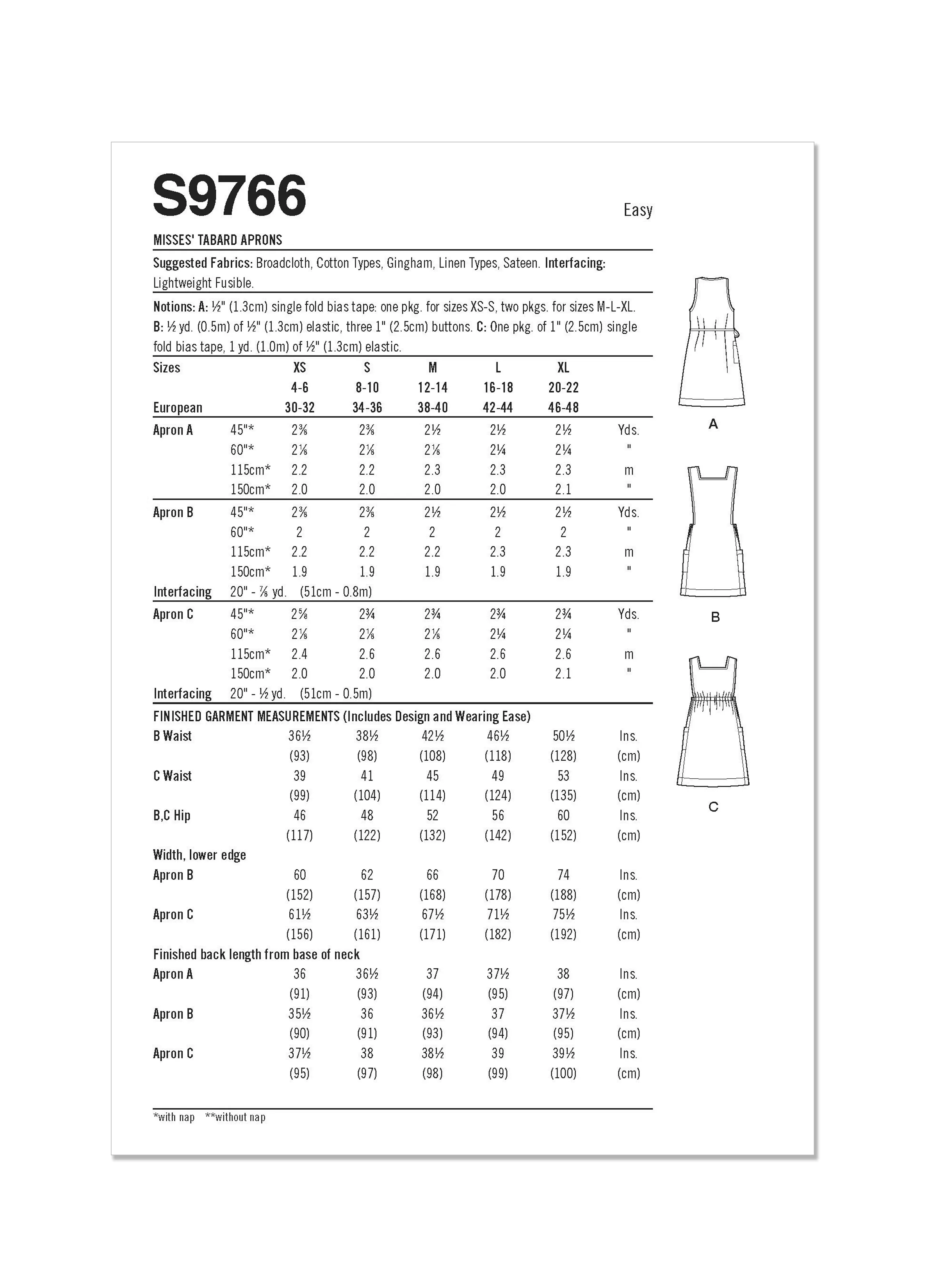 Simplicity Pattern S9766 Misses' Tabard Aprons