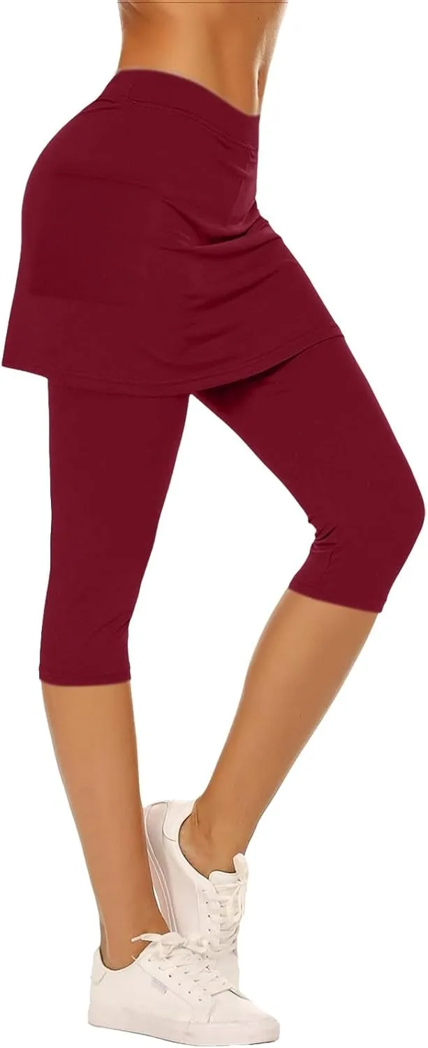 Skirted Leggings for Women 2025 Plus Size Tennis Golf Short Skort Capris Gym Tennis Yoga Athletic Legging with Skirts