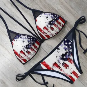 Skull American Flag String Bikini Set