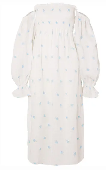SLEEPER ATLANTA OFF-THE-SHOULDER SHIRRED PRINTED LINEN MIDI DRESS