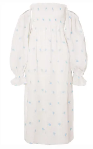 SLEEPER ATLANTA OFF-THE-SHOULDER SHIRRED PRINTED LINEN MIDI DRESS