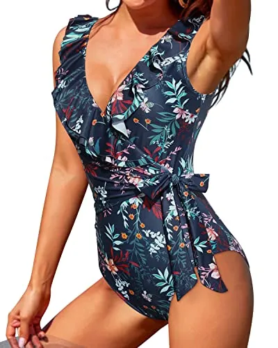 Slimming Bathing Suit Flattering Ruffle V Neck One Piece Swimsuits-Blue Flower