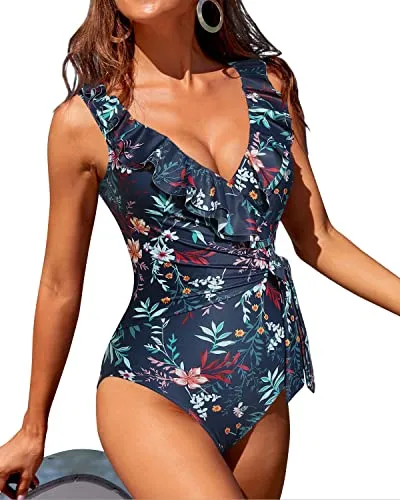 Slimming Bathing Suit Flattering Ruffle V Neck One Piece Swimsuits-Blue Flower