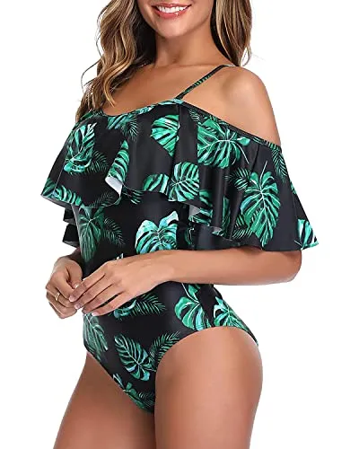 Slimming Off Shoulder One Piece Swimsuit For Women-Black And Green Leaf