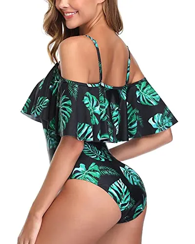 Slimming Off Shoulder One Piece Swimsuit For Women-Black And Green Leaf