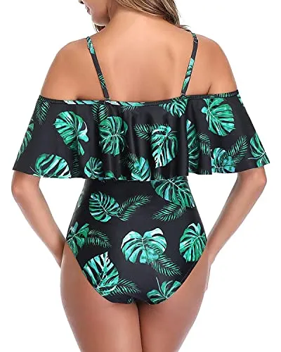 Slimming Off Shoulder One Piece Swimsuit For Women-Black And Green Leaf
