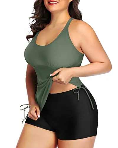 Slimming Tankini Set High Waisted Boyshorts Two Piece Ruched Swimsuit-Olive Green