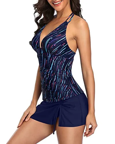 Slimming Two-Piece Tankini Skirted Bottom For Women-Navy Blue