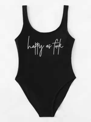 Slogan Print Low Back Swimsuit