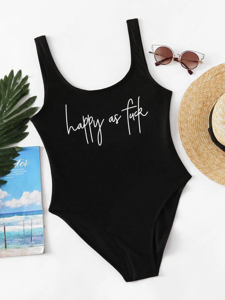 Slogan Print Low Back Swimsuit