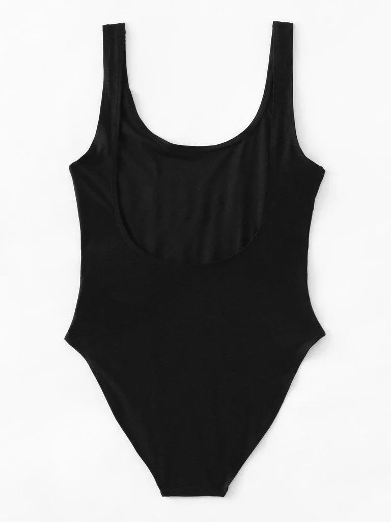 Slogan Print Low Back Swimsuit