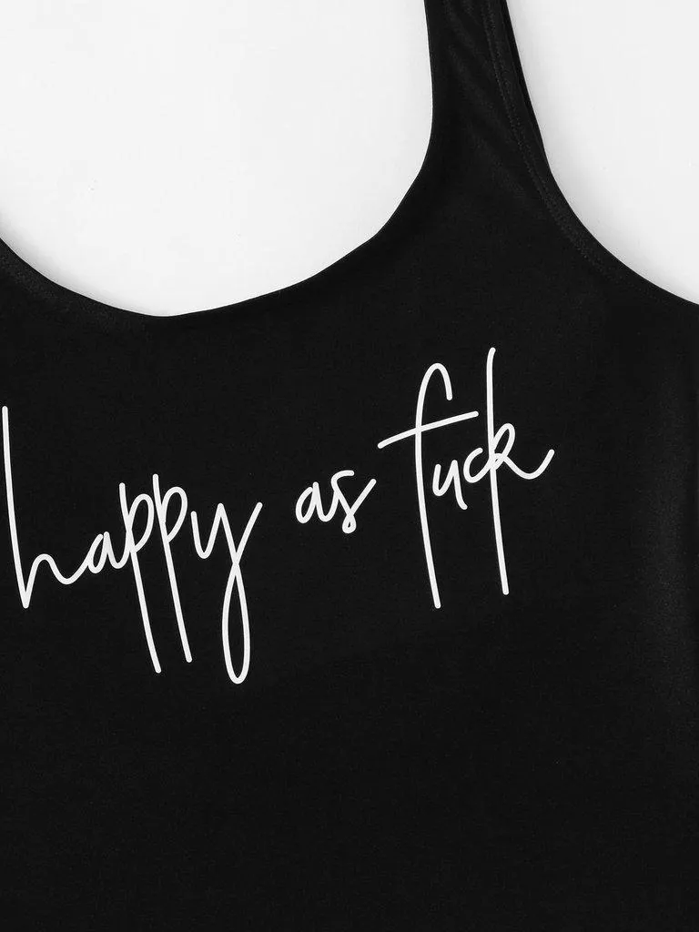 Slogan Print Low Back Swimsuit