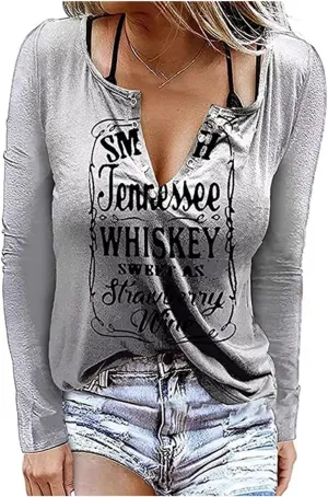 Smooth As Tennessee Whiskey Sweet As Strawberry Wine Long Sleeve Shirts for Women V Neck Letter Print Fall Tops Tshirts