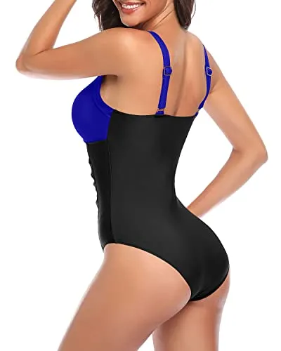 Soft Padded Push Up Bras Shirred Pattern Design One Piece Swimsuits-Royal Blue And Black