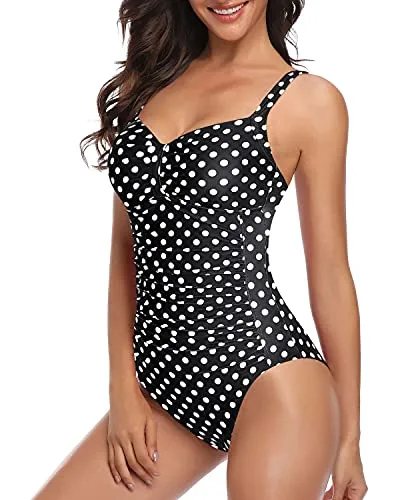 Soft Padded Push Up Bras Tummy Control One Piece Swimsuits-Black Dot