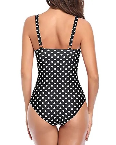 Soft Padded Push Up Bras Tummy Control One Piece Swimsuits-Black Dot