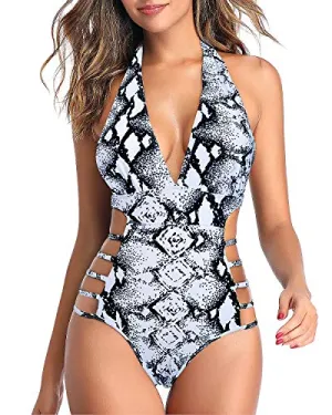 Soft Wide Halter Top Plunge V Neck Halter Bathing Suits-Black And White Snake Print