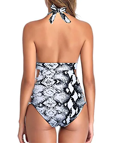 Soft Wide Halter Top Plunge V Neck Halter Bathing Suits-Black And White Snake Print