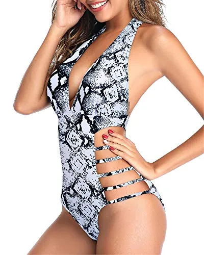 Soft Wide Halter Top Plunge V Neck Halter Bathing Suits-Black And White Snake Print