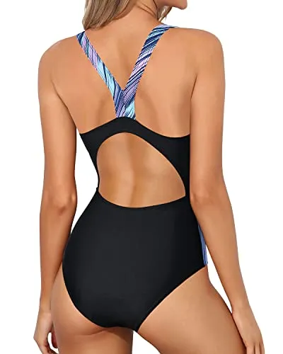 Soft Wirefree Splicing Athletic One Piece Swimsuits-Black Blue Color Bar