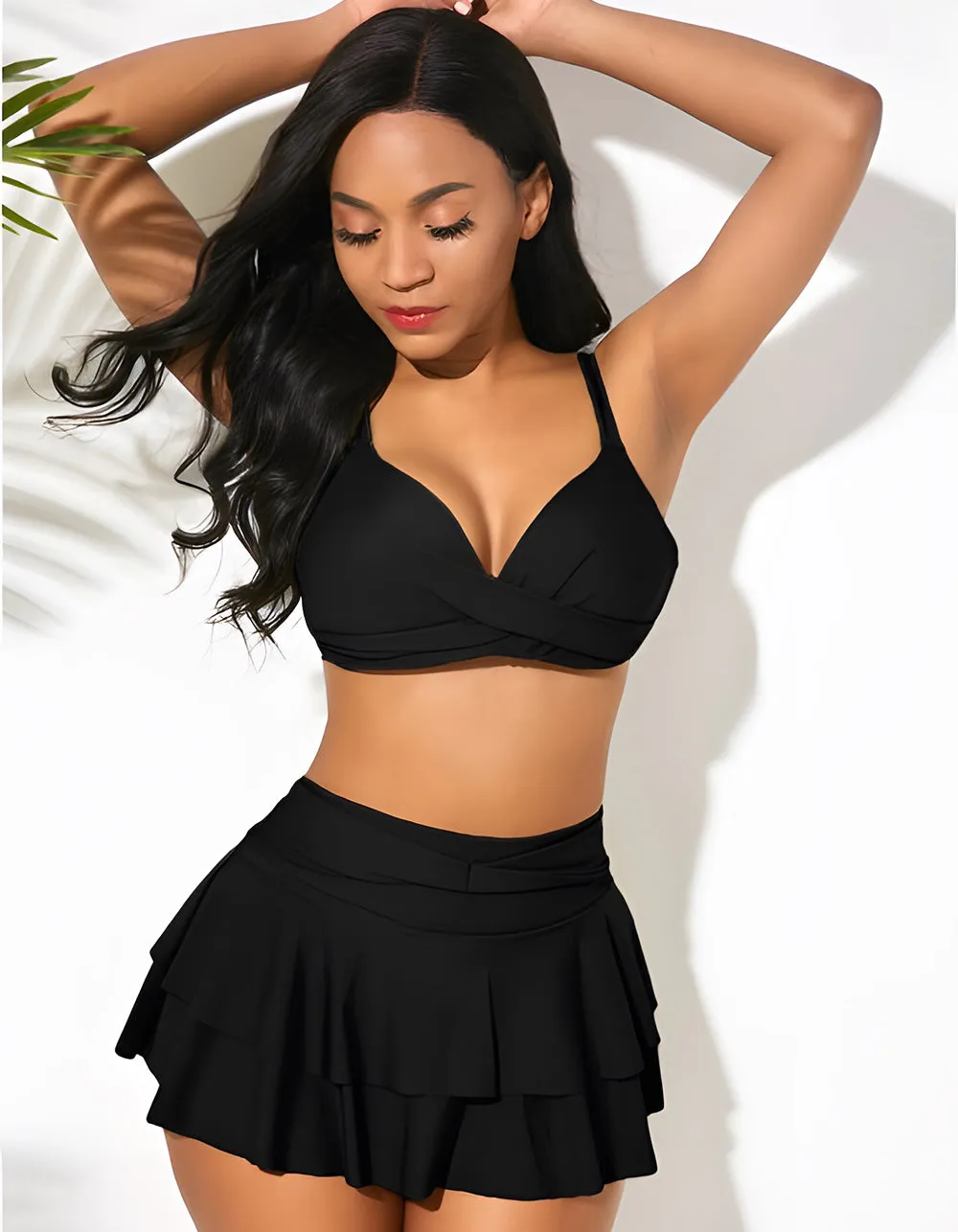Solid-color Lace High Waist Two-piece  Bikini Swimwear