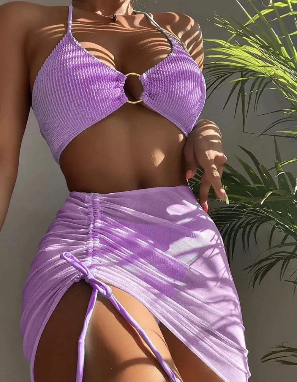 Solid-color Three-piece  Drawstring Backless Bikinis Swimwear