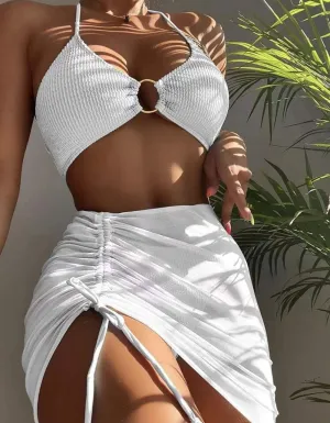 Solid-color Three-piece  Drawstring Backless Bikinis Swimwear