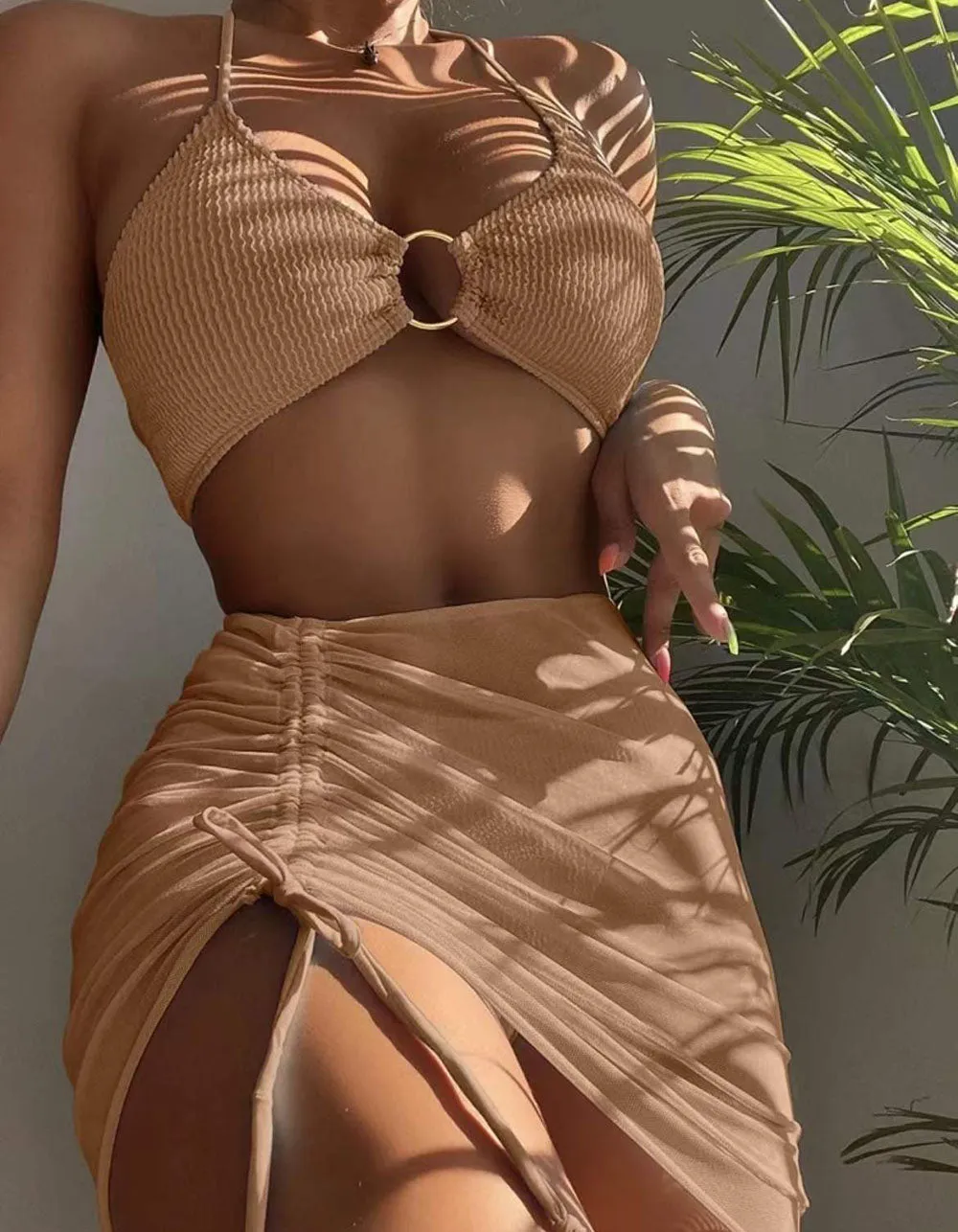 Solid-color Three-piece  Drawstring Backless Bikinis Swimwear