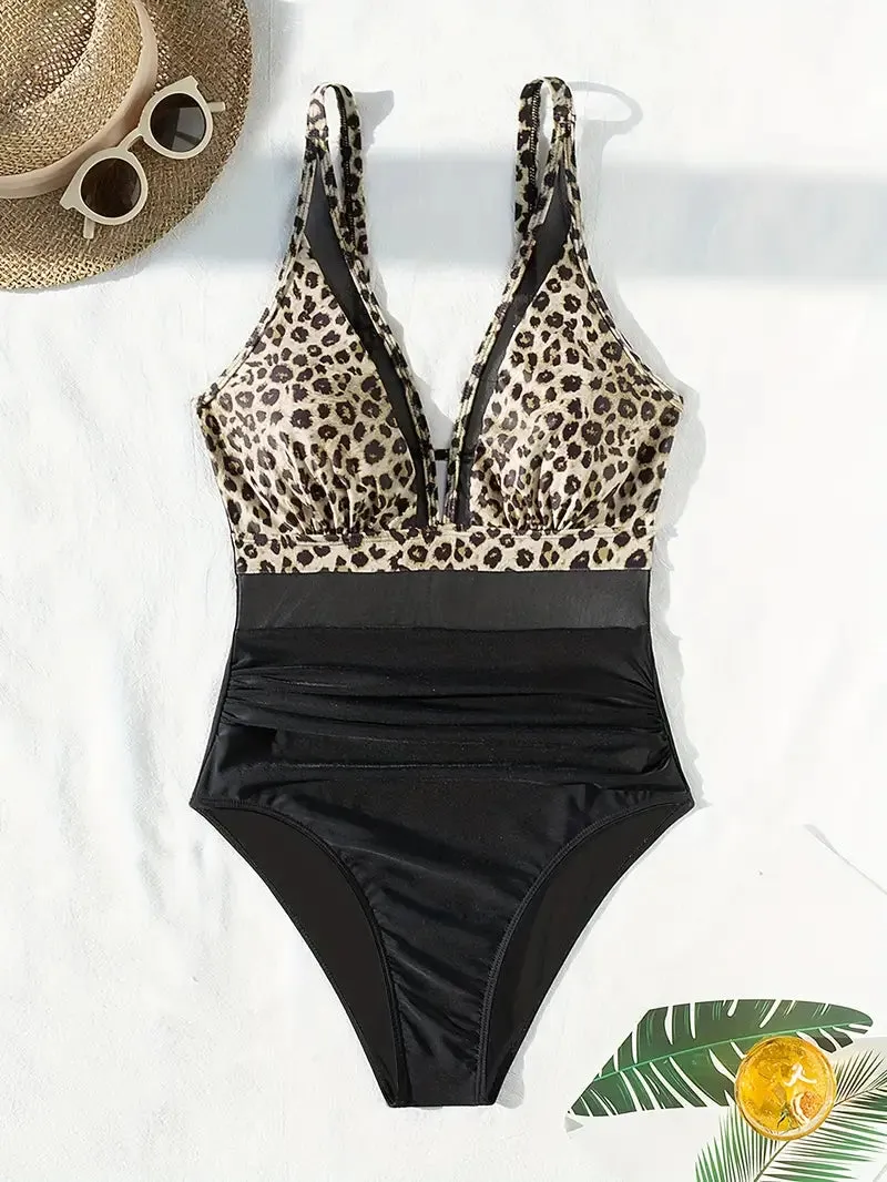 Solid Mesh Contrast One Piece Swimsuit V Neck Stretchy Ruched Bathing Suits