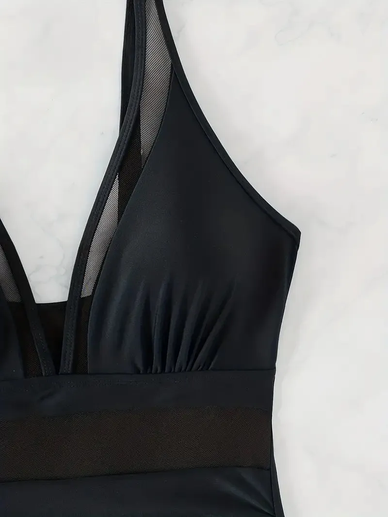 Solid Mesh Contrast One Piece Swimsuit V Neck Stretchy Ruched Bathing Suits