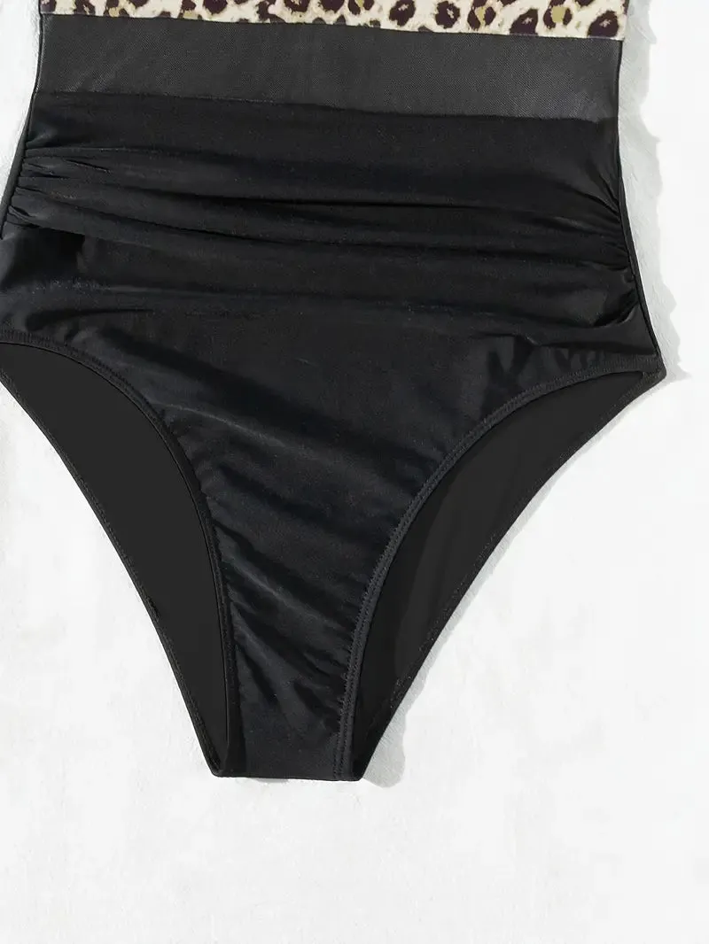 Solid Mesh Contrast One Piece Swimsuit V Neck Stretchy Ruched Bathing Suits