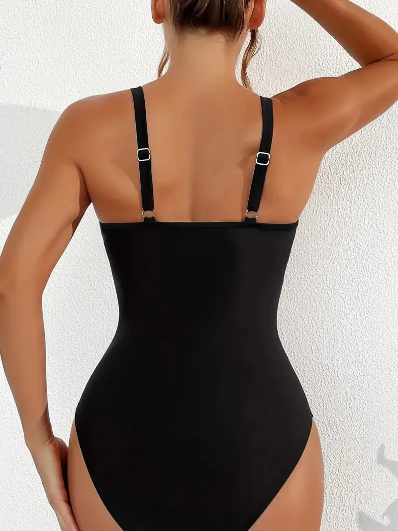 Solid Mesh Contrast One Piece Swimsuit V Neck Stretchy Ruched Bathing Suits