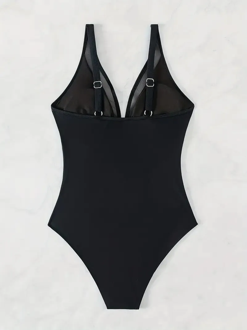 Solid Mesh Contrast One Piece Swimsuit V Neck Stretchy Ruched Bathing Suits