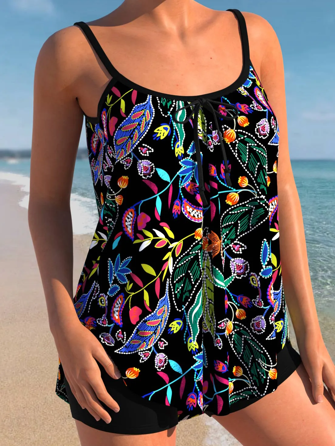 Spaghetti Strap Floral Print Tankini Set