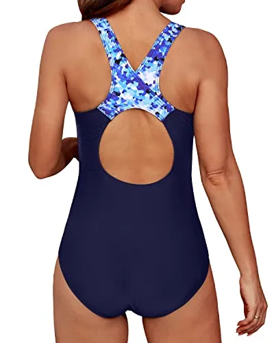 Splicing Athletic Sports One Piece Swimsuit-Blue Spell Geometry