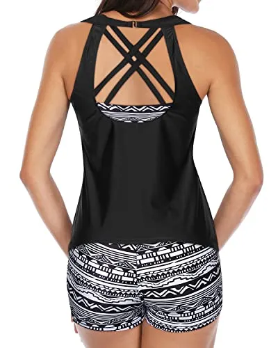 Sports Bra & Shorts Athletic 3 Piece Swimsuits-Black Tribal